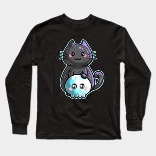 Kawaii Cute Black Cat and Skull Long Sleeve T-Shirt